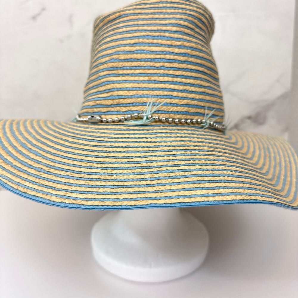 Gigi Burris Millinery Womens Jeanne Staw Hat Striped Metal Feather Summer Blue